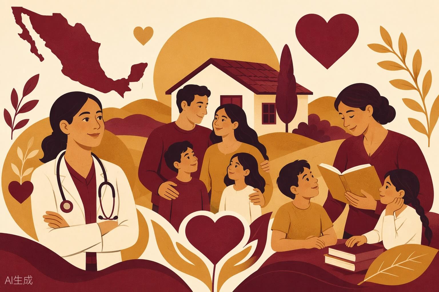 Ilustración sobre bienestar social: una doctora, una maestra con niños y una familia frente a su casa