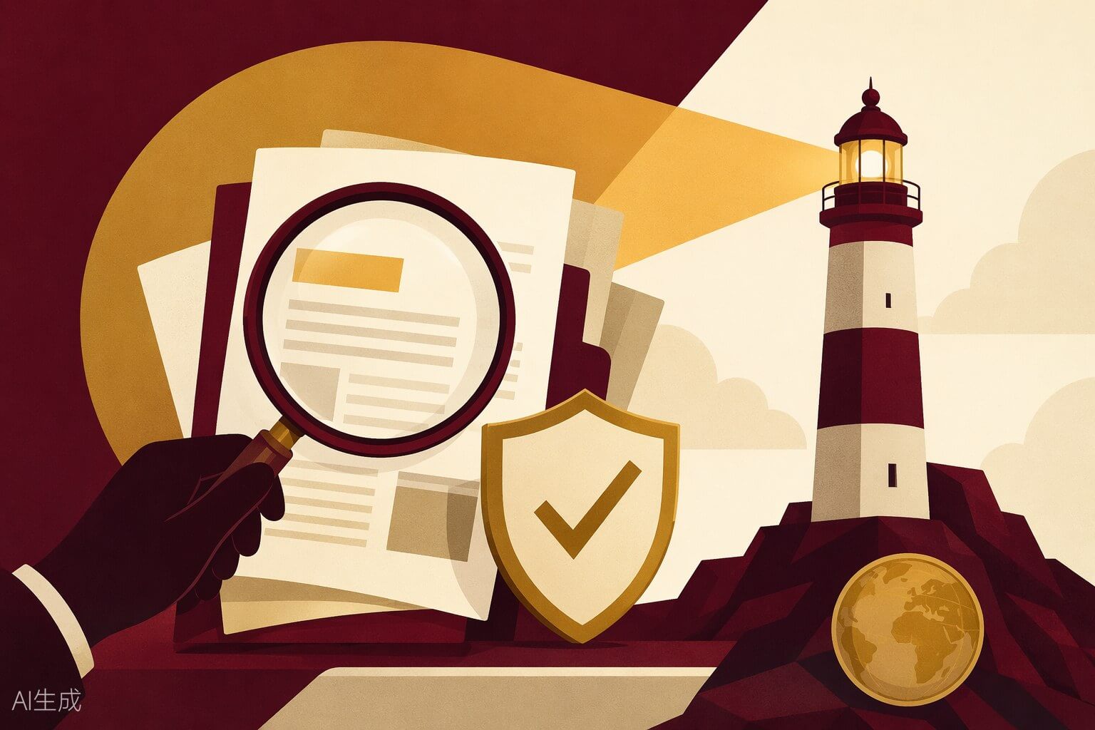 Ilustración sobre integridad periodística: lupa sobre documentos, escudo con verificación y un faro