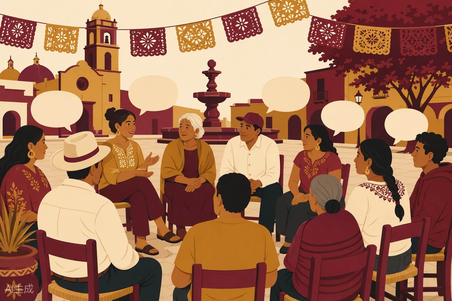 Ilustración de una comunidad conversando en círculo en una plaza con papel picado