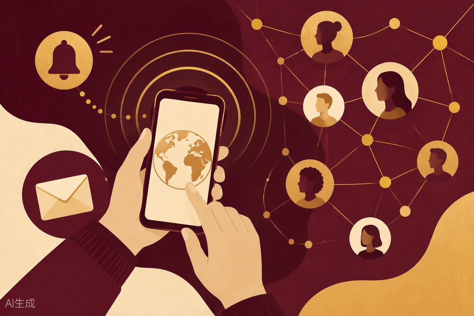 Ilustración de manos sosteniendo un teléfono inteligente que emite ondas doradas de conexión
