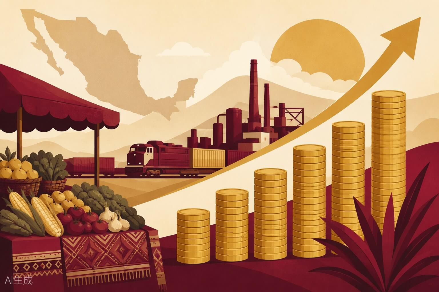 Ilustración sobre la economía mexicana: monedas doradas, mercado, fábrica y tren de carga