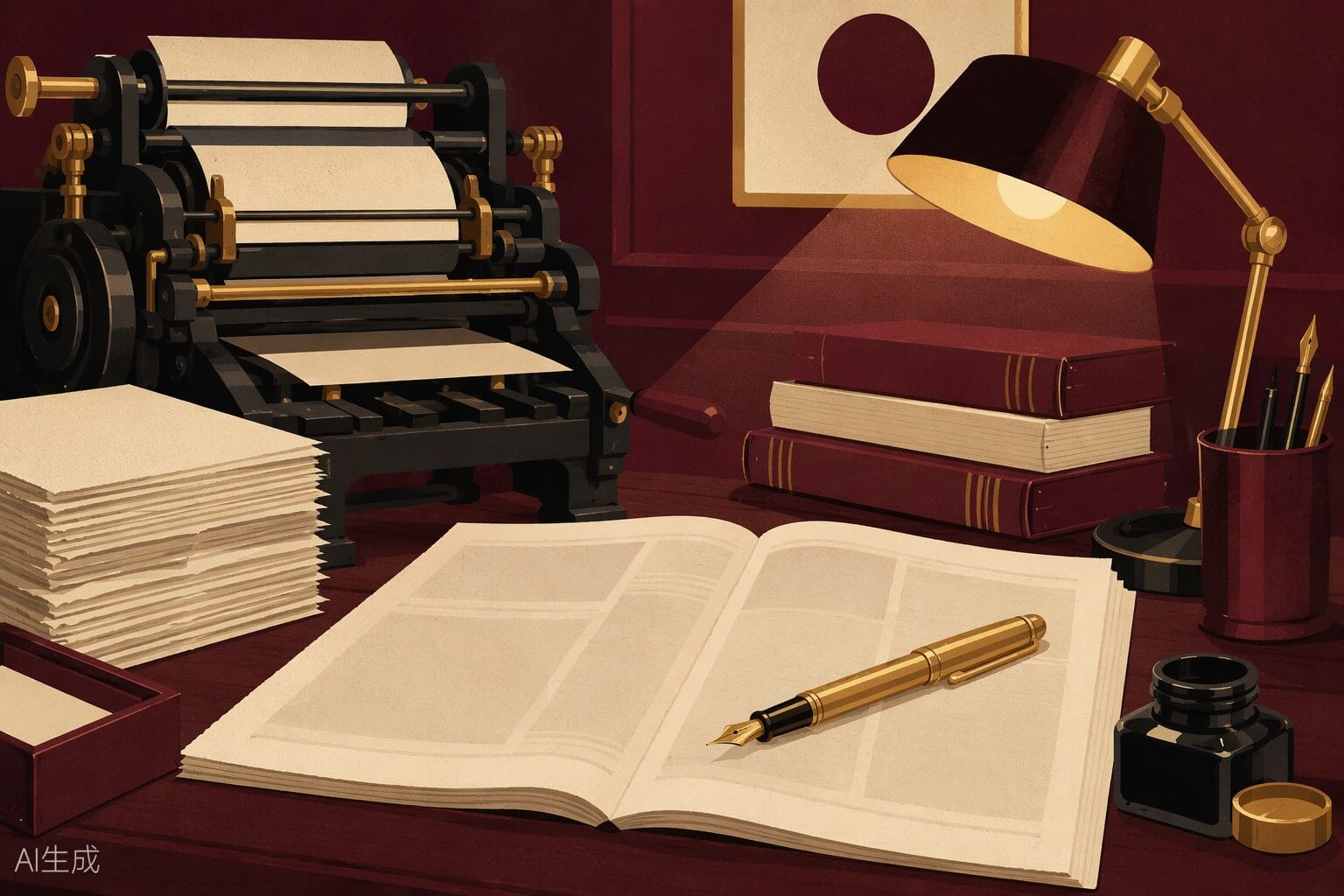 Ilustración de una imprenta clásica, una pluma fuente y hojas de papel sobre un escritorio editorial