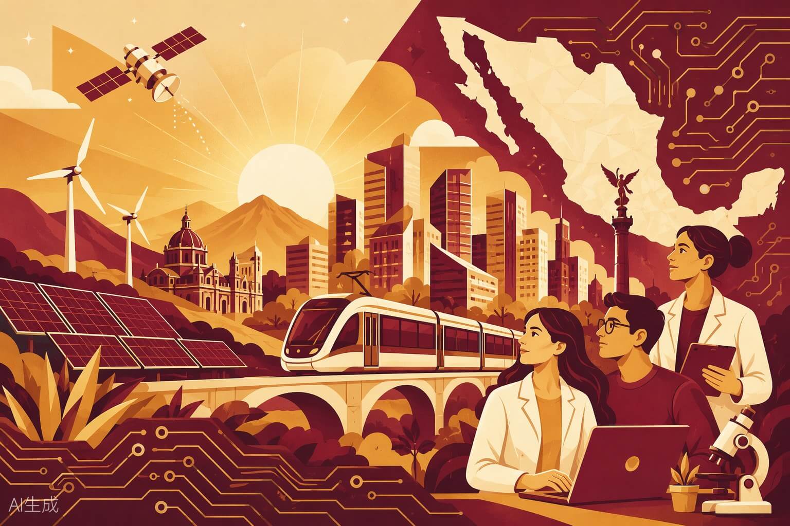 Ilustración sobre innovación: paneles solares, turbinas eólicas, tranvía eléctrico y jóvenes investigadores