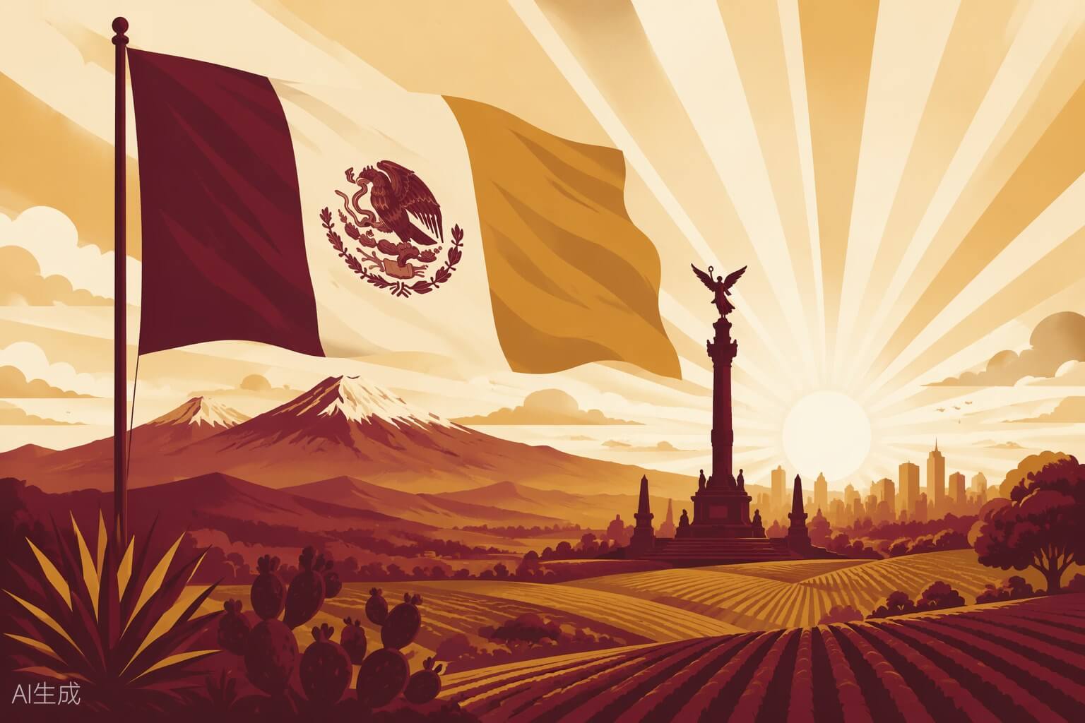Ilustración de una monumental bandera de México ondeando sobre un paisaje con el Ángel de la Independencia al amanecer