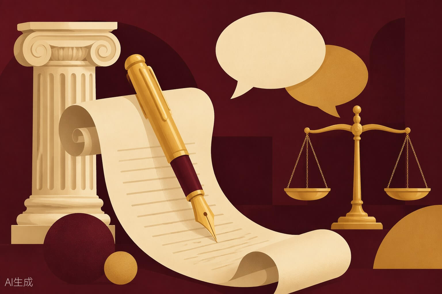 Ilustración sobre opinión y análisis: pluma fuente, pergamino, columna clásica y balanza
