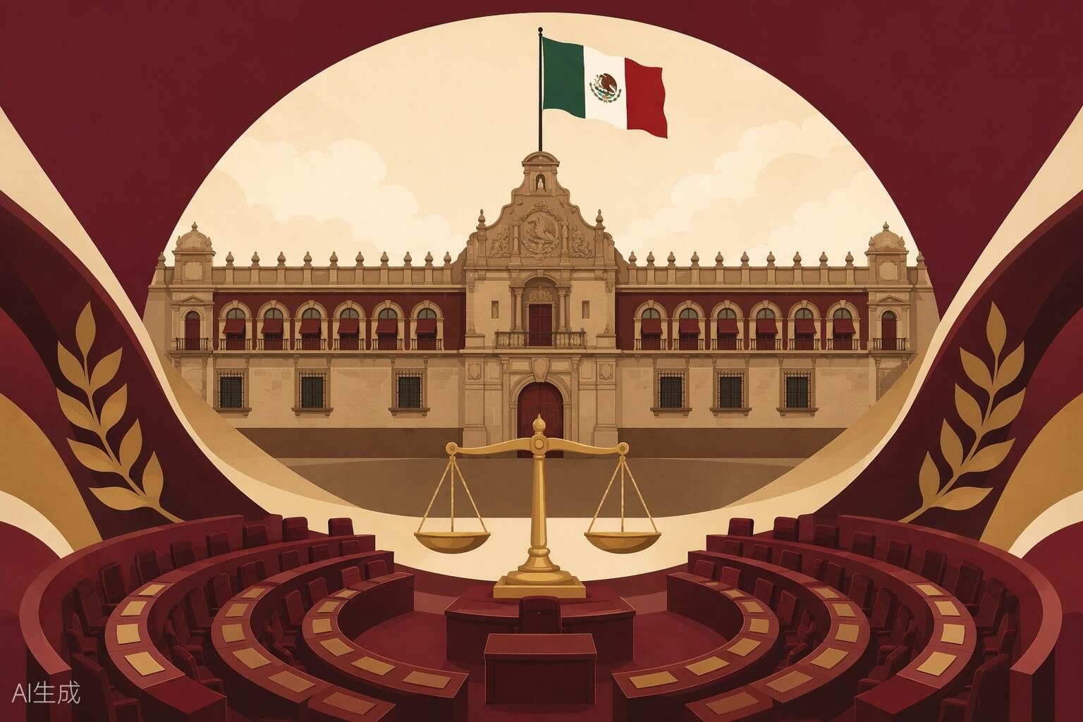 Ilustración del Palacio Nacional con la bandera de México, la balanza de la justicia y curules legislativas