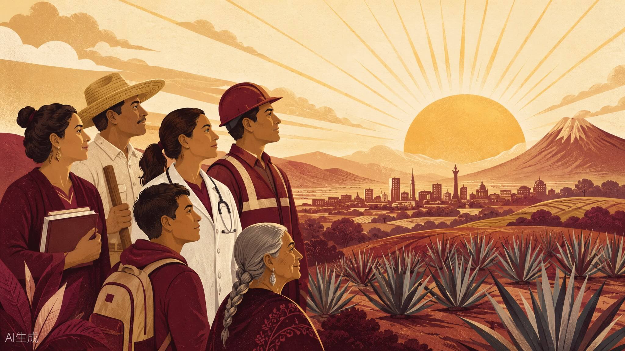 Ilustración editorial de mexicanas y mexicanos mirando hacia un amanecer dorado sobre el paisaje nacional